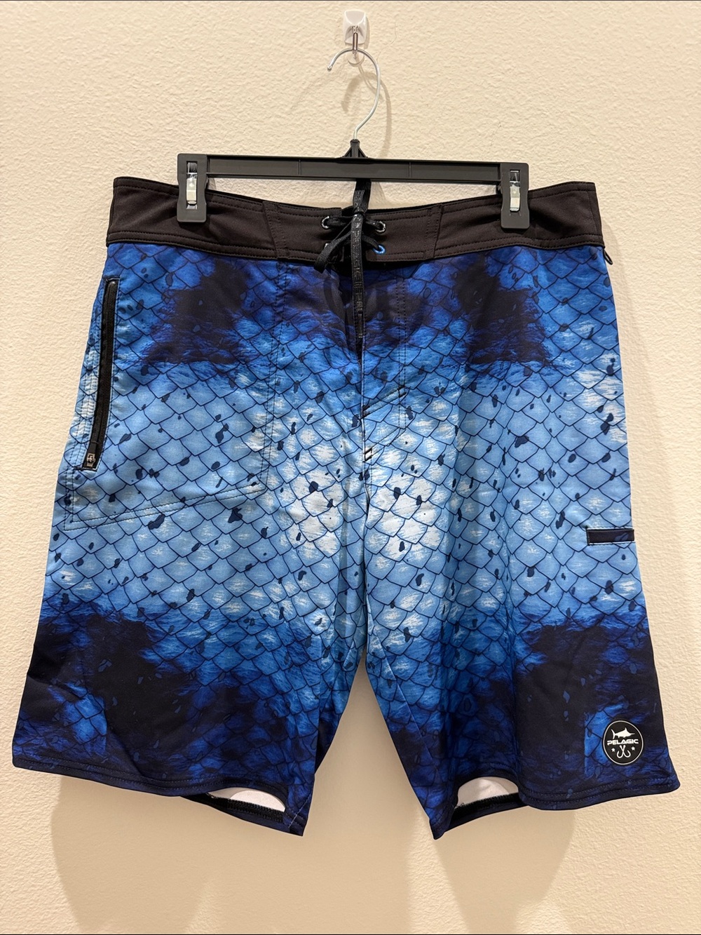 Pelagic Blue and Black Scale-Print Board Shorts